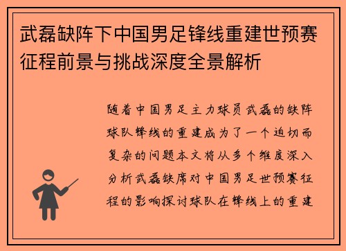 武磊缺阵下中国男足锋线重建世预赛征程前景与挑战深度全景解析